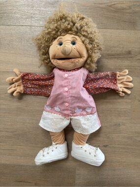Vtg Folkmanis Plush Hand Puppet 26" Human Girl Blonde Curly Hair Blue Eyes Doll